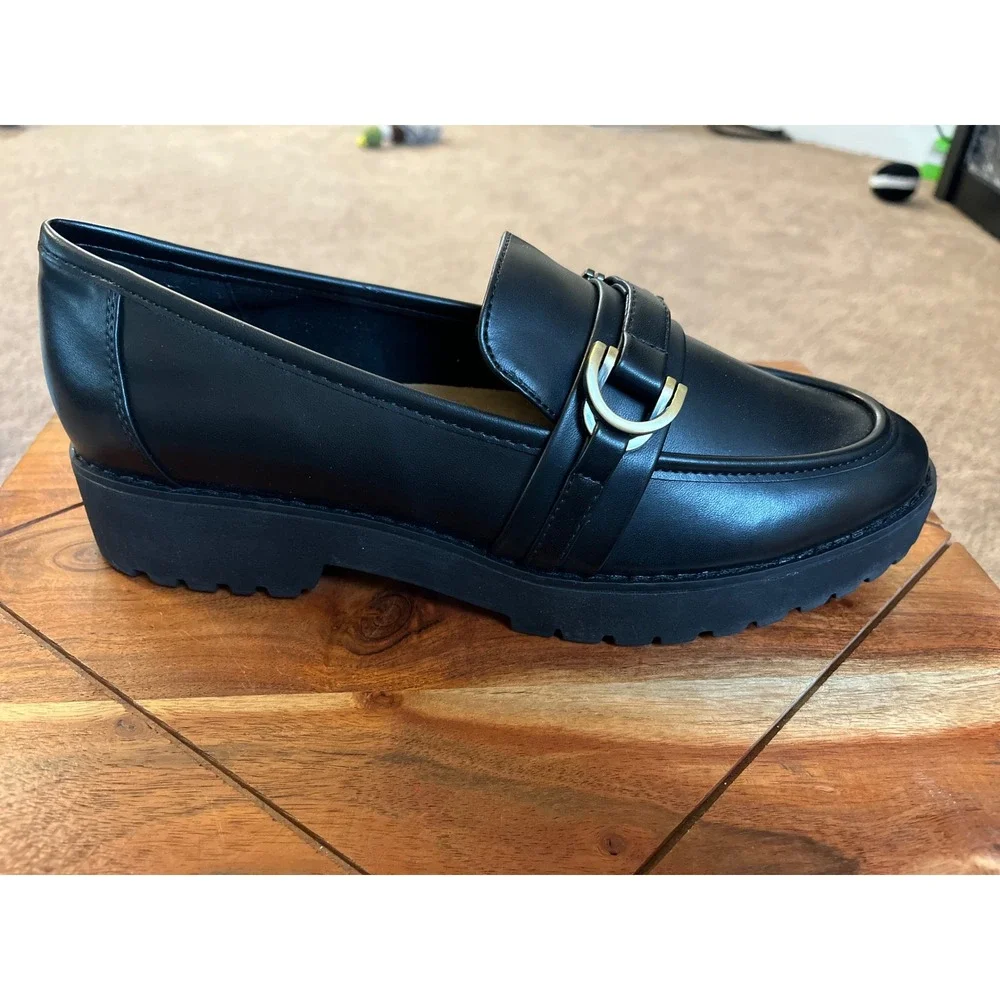 Easy Spirit Womens Black Lug Sole Loafers Metallic Strap Shoes‎ 9.5M
